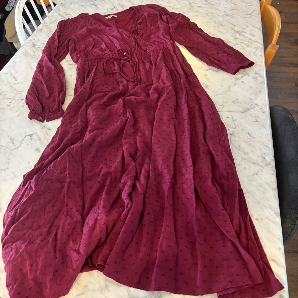 Loft Burgundy Clipped Dot Faux Wrap Midi Dress Long Sleeve Wine Red Size‎ M
